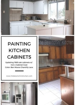 Transforming a 45 year old kitchen just by painting kitchen cabinets. This dated kitchen had old, oak cabinets that needed a little life. Products used: INSL-X Cabinet coat tinted in Benjamin Moore Chantilly Lace. Nothing like a little DIY renovation to spruce up kitchen cupboards..