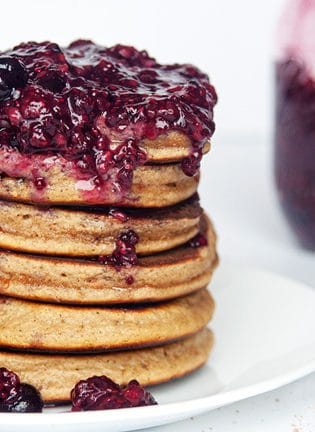 Carrot Cake Pancakes with 3 Berry Chia Jam - this gluten free and grain free pancake recipe is the ultimate breakfast (or brunch). Made with Epicure products, this is a new favorite recipe! thebewitchinkitchen.com