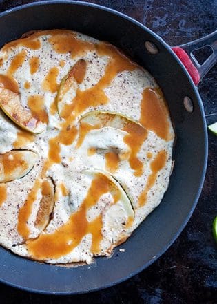 This dessert frittata is not your typical egg recipe. Made with apples, cinnamon and a caramel sauce this high protein breakfast recipe is a great way to start your day. Save this under your healthy meal ideas.