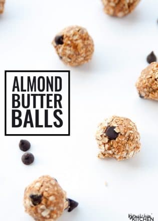 Almond Butter Balls recipe - this no bake dessert makes a healthy snack for kids of all ages. 4 ingredients: quick oats, dark chocolate chips, brown rice syrup and almond butter. | thebewitchinkitchen.com