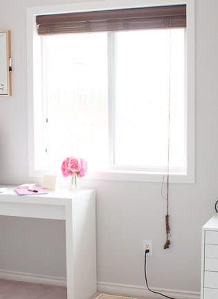 Pink and gold home office makeover reveal. Paint color used is CIL Barley Beige, it's a beautiful greige color. It's so bright and clean!