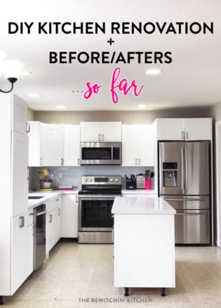 This all white kitchen was the result of a DIY kitchen renovation. Using Home Depot's Eurostyle Kitchen Cabinets in Oxford and Silestone's Stellar Snow. The back splash is Sassi's glass subway tile in nordic ice. More before and after photos in the post.