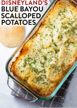 I fell in love with Disneyland's Blue Bayou Scalloped Potatoes recipe. If you like comfort food for family dinners or holiday dinners, you'll love this potato casserole dish. Creamy potatoes with a hint of jalapeno. A Disneyland recipe favorite!