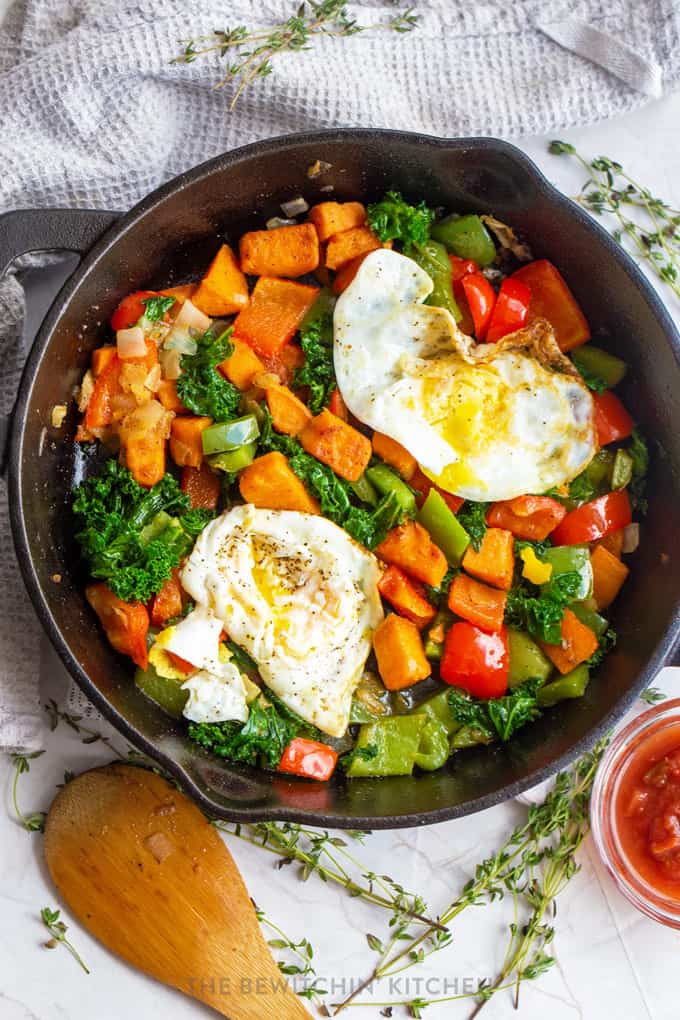 Sweet Potato Egg Skillet with Kale and Peppers | The Bewitchin' Kitchen