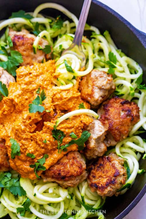 Romesco Chicken Meatballs With Zucchini Noodles | The Bewitchin' Kitchen