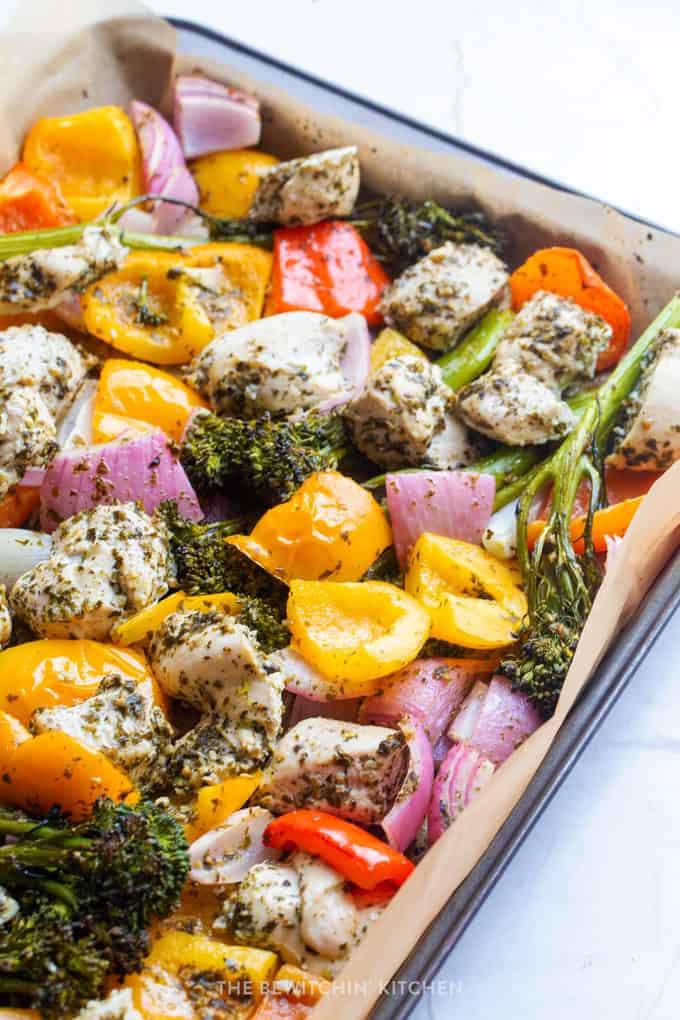 Sheet Pan Pesto Chicken And Vegetables Recipe | The Bewitchin' Kitchen