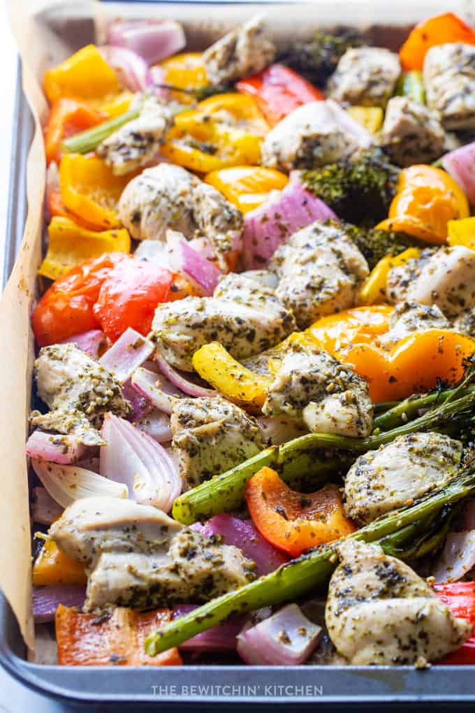 Sheet Pan Pesto Chicken and Vegetables Recipe | The Bewitchin' Kitchen