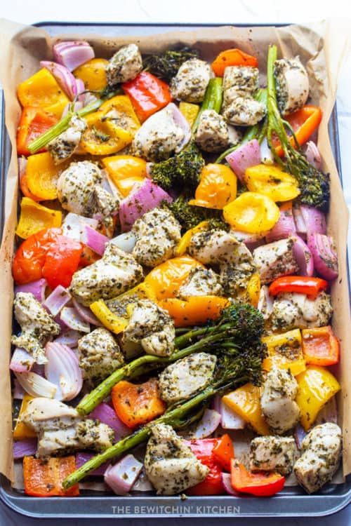 Sheet Pan Pesto Chicken And Vegetables Recipe | The Bewitchin' Kitchen