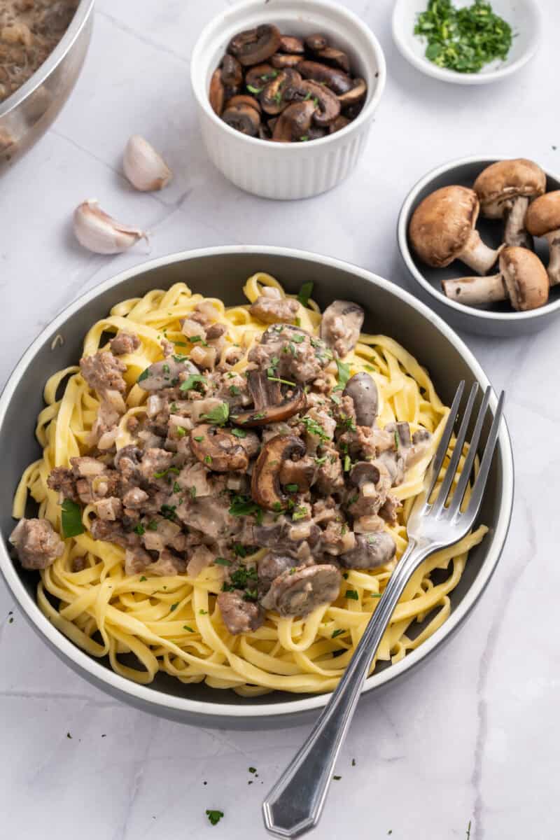 ground beef stroganoff with baby bella mushrooms