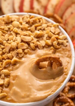 cream cheese caramel apple dip with pretzels