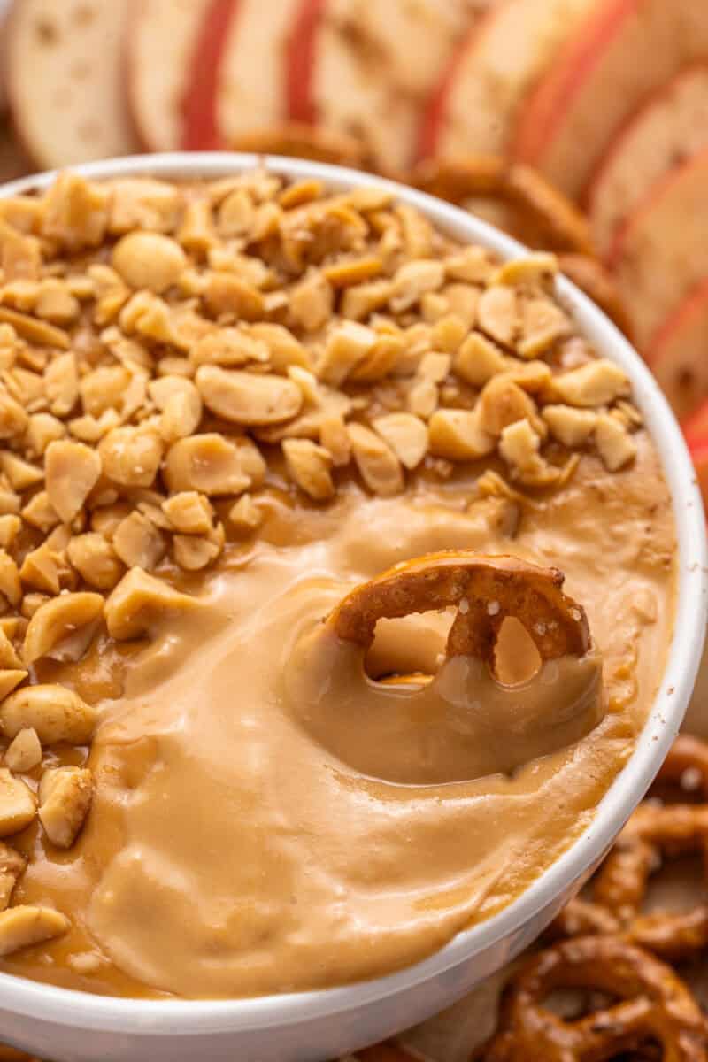 cream cheese caramel apple dip with pretzels