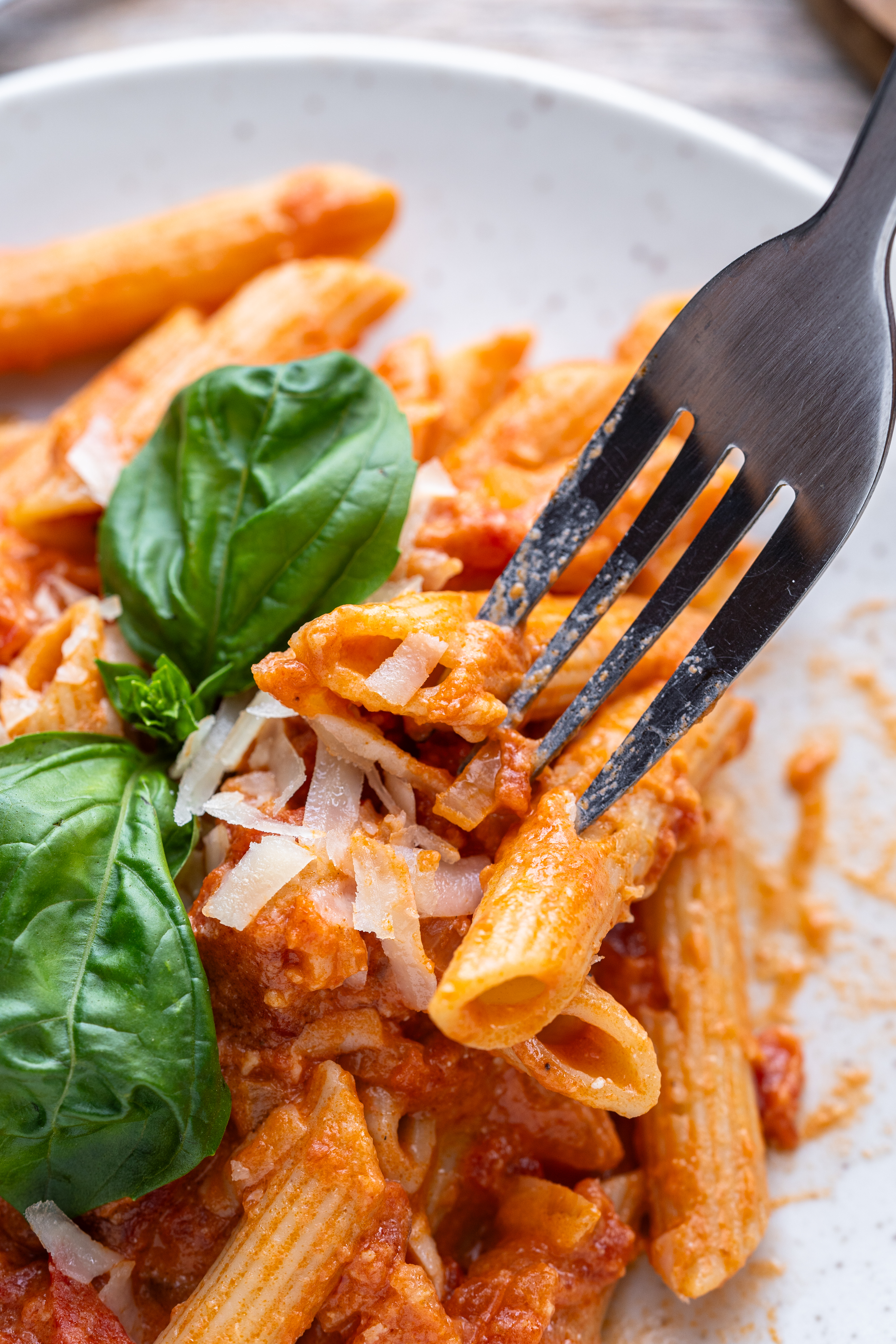 vodka cream sauce with pene pasta and fresh basil