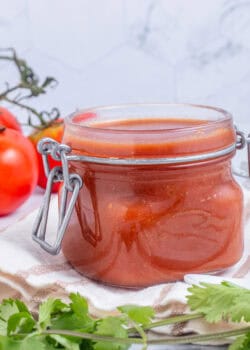 taco sauce in a jar next to a tomato and fresh cilantro