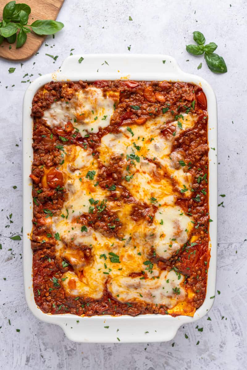 Lasagna casserole in a baking dish